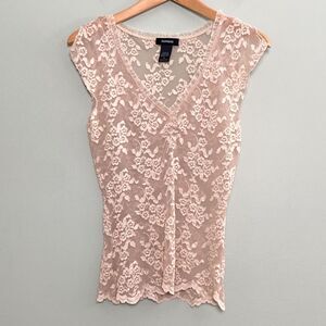 Express Y2K Lace Babydoll Top Womens Small Champagne Pink Sheer Floral Vintage